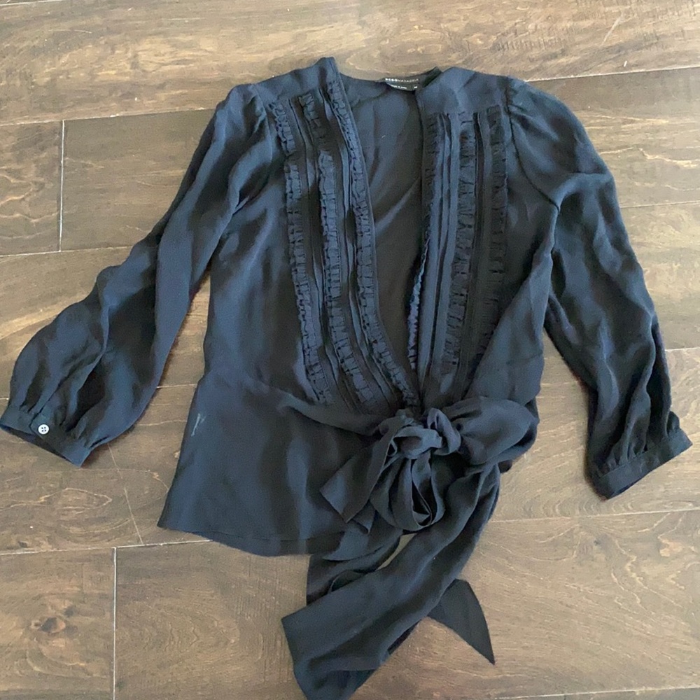 BCBG Black Sheer Ruffled Blouse